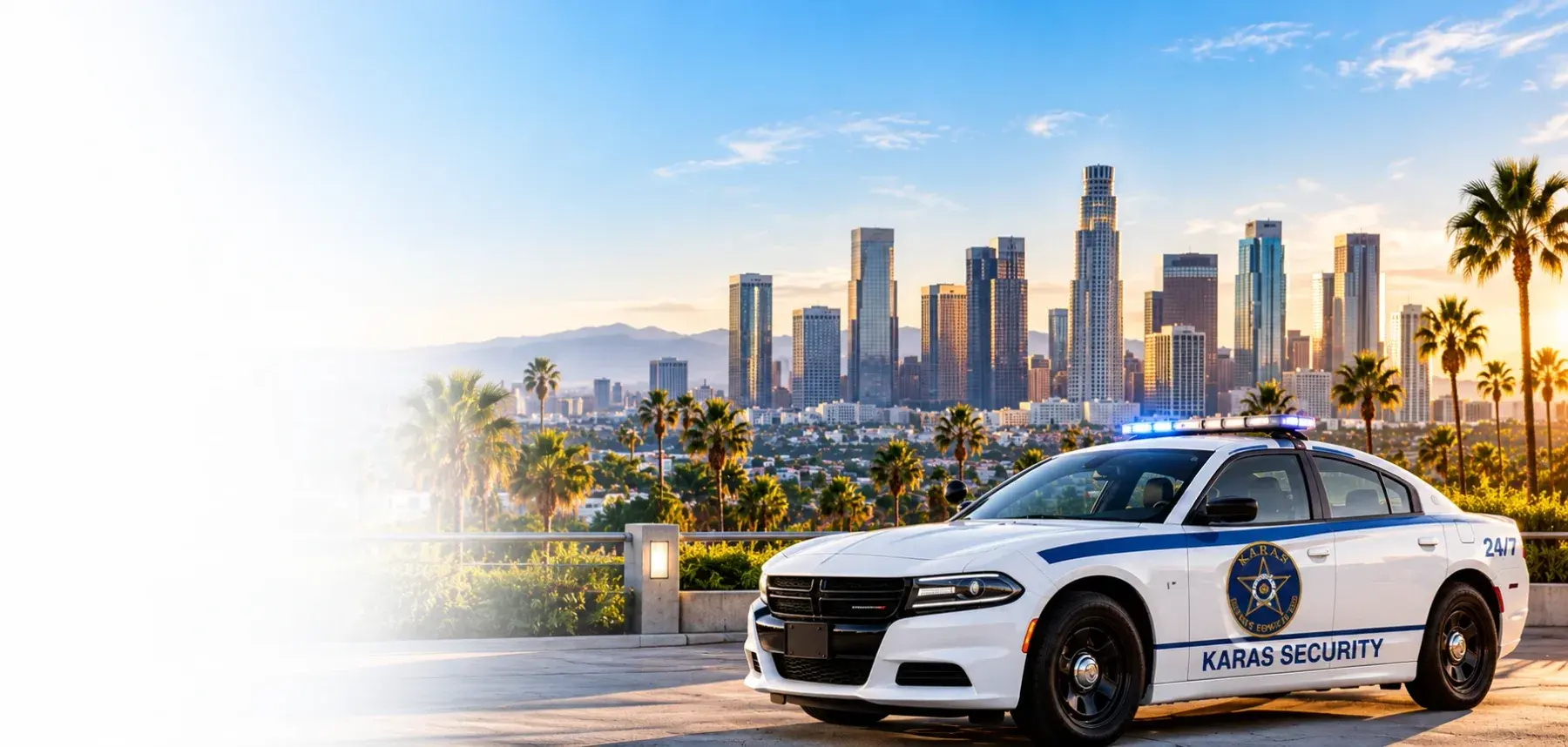 KARAS patrol vehicle with the Los Angeles skyline at sunrise