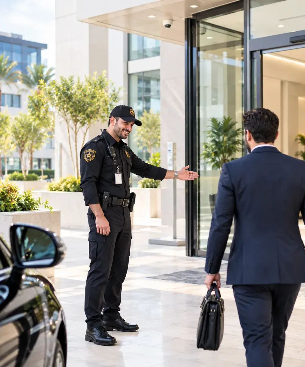 officer greeting visitors at a building entrance